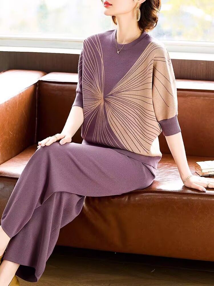 Fashion short sleeve wide leg pants 2pcs set for women