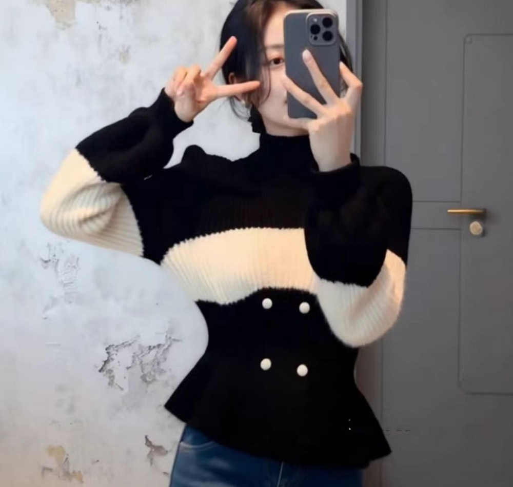 Chanelstyle pinched waist slim high collar sweater