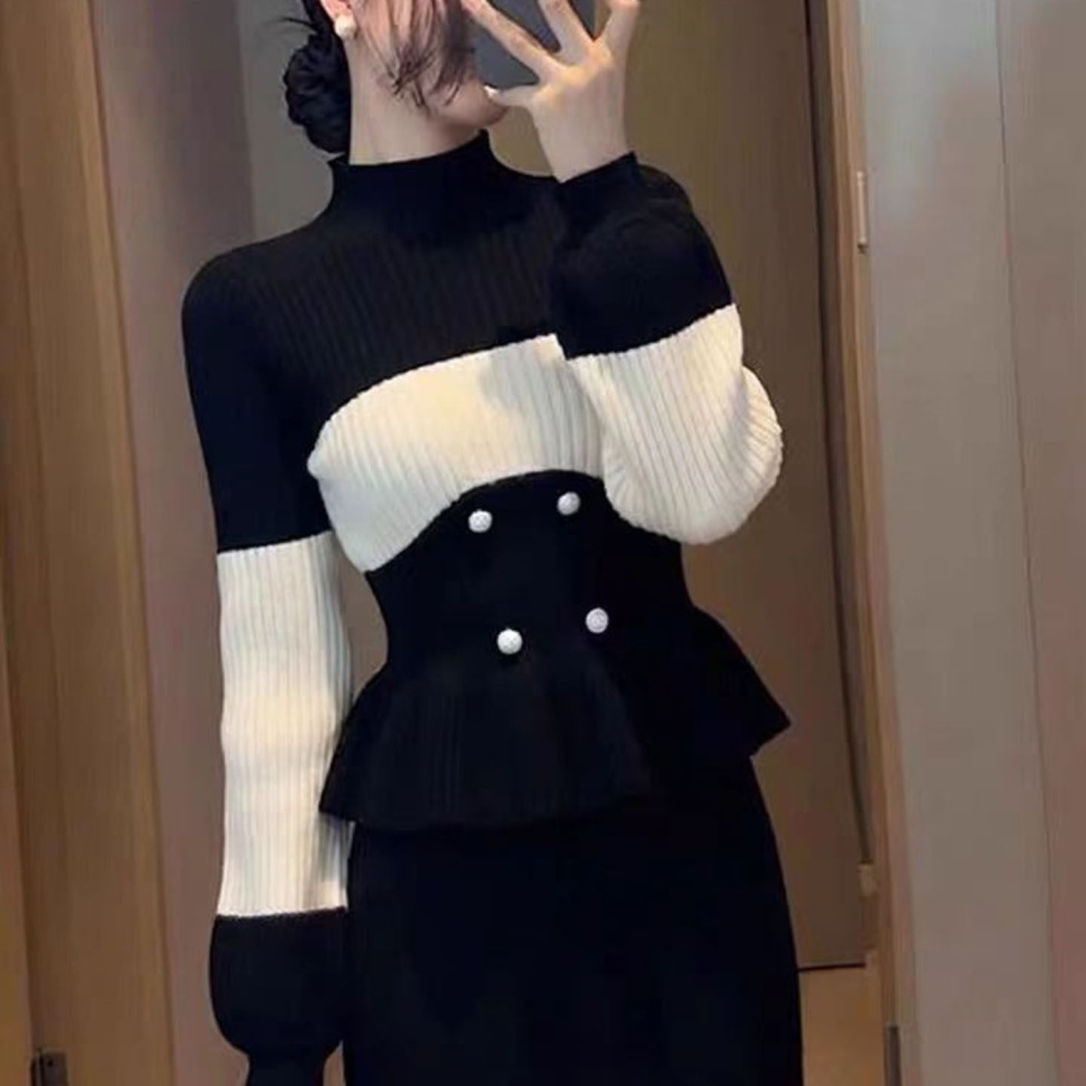Chanelstyle pinched waist slim high collar sweater