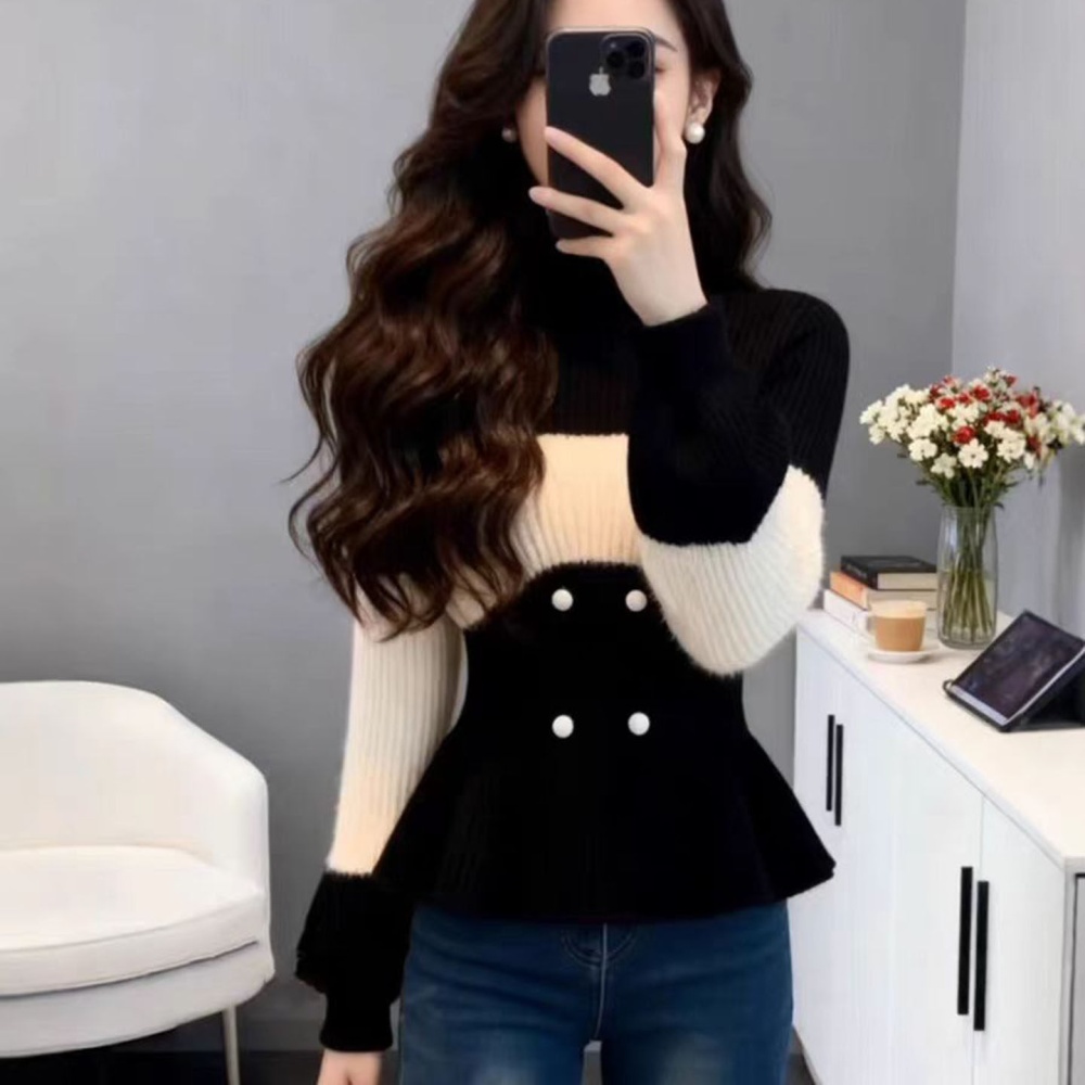 Chanelstyle pinched waist slim high collar sweater