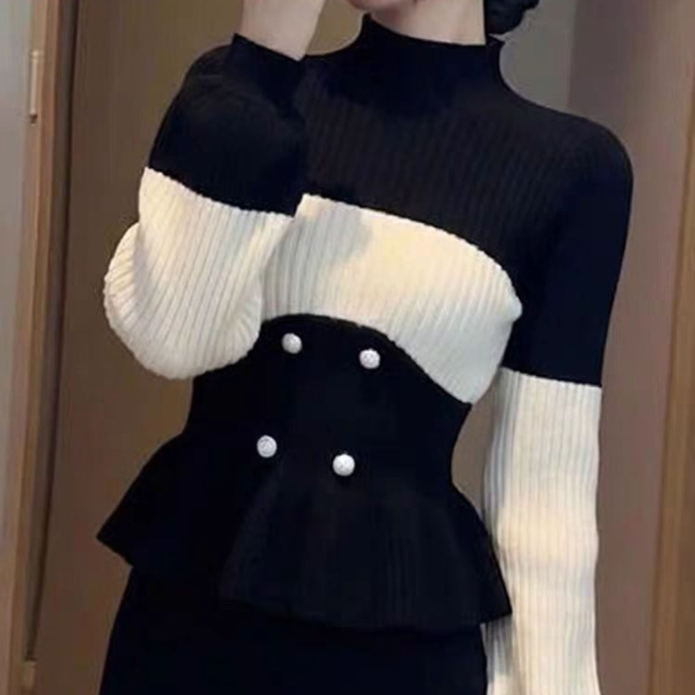 Chanelstyle pinched waist slim high collar sweater
