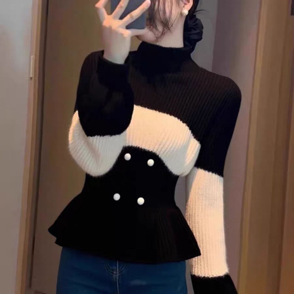 Chanelstyle pinched waist slim high collar sweater