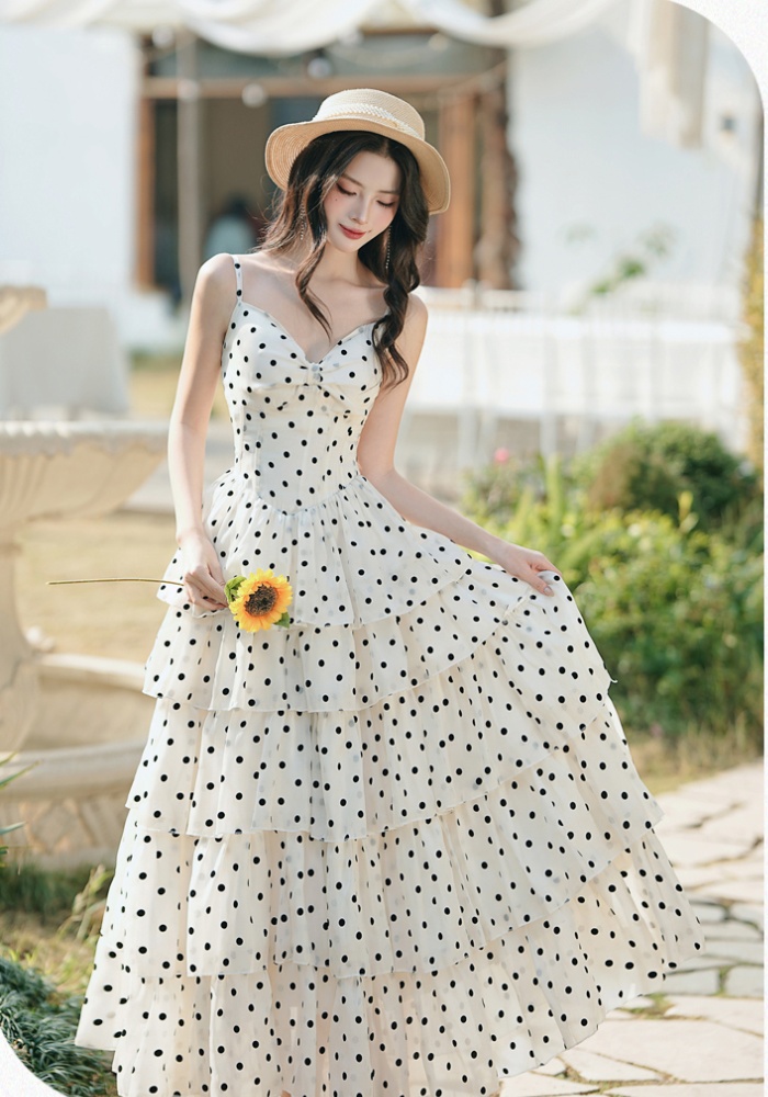 Polka dot vacation strap dress cake dress