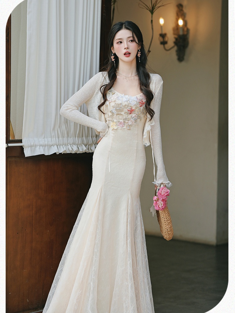 Vacation embroidery strap dress lace cardigan a set