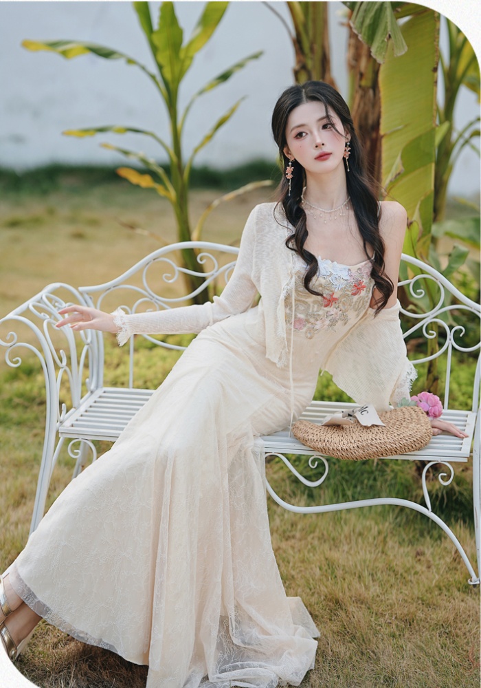 Vacation embroidery strap dress lace cardigan a set