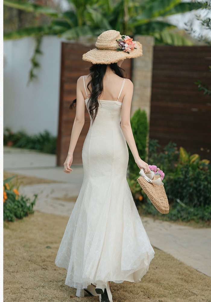 Vacation embroidery strap dress lace cardigan a set