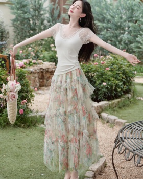 Summer cake knitted tops printing gauze long skirt a set