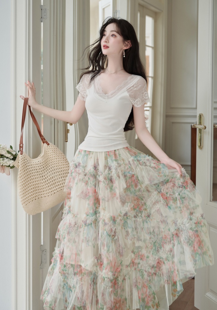 Summer cake knitted tops printing gauze long skirt a set