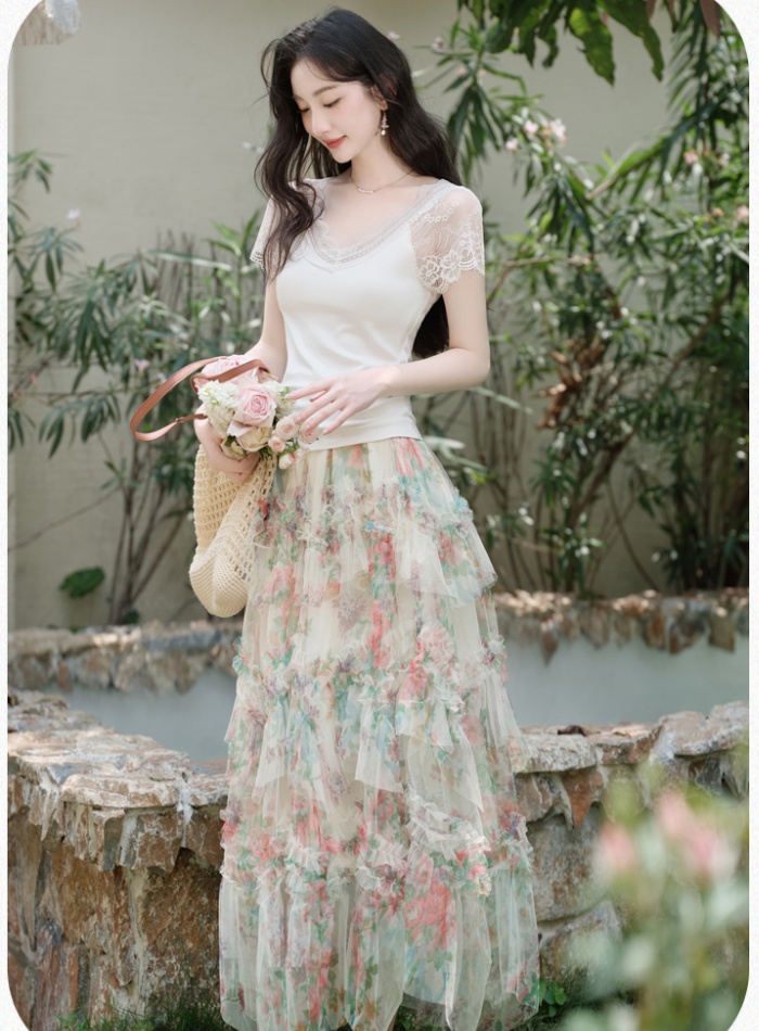Summer cake knitted tops printing gauze long skirt a set