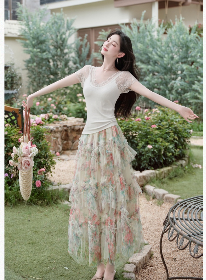 Summer cake knitted tops printing gauze long skirt a set