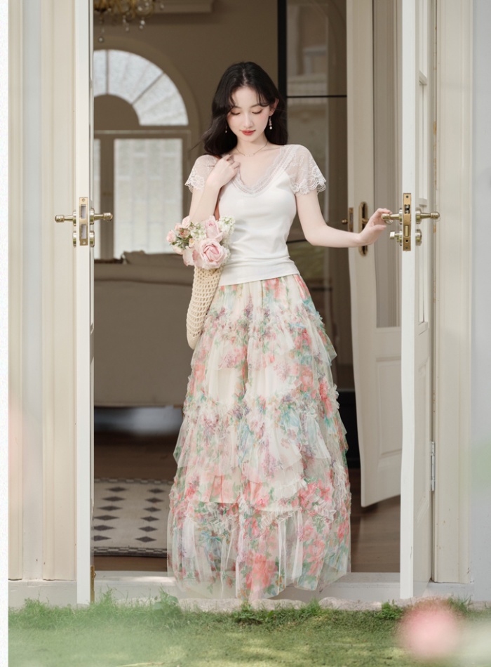 Summer cake knitted tops printing gauze long skirt a set