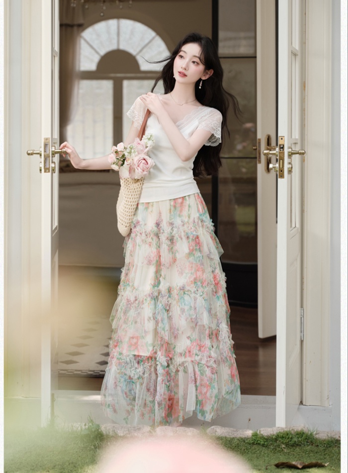 Summer cake knitted tops printing gauze long skirt a set