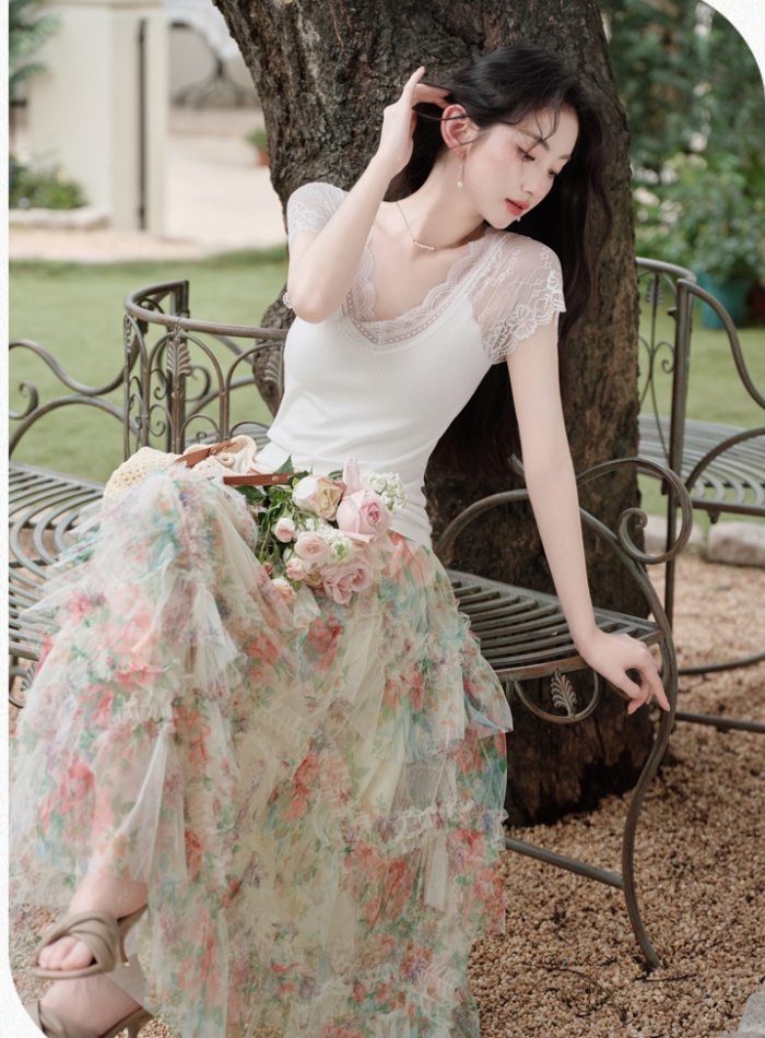 Summer cake knitted tops printing gauze long skirt a set