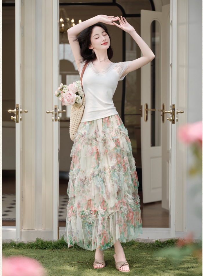 Summer cake knitted tops printing gauze long skirt a set