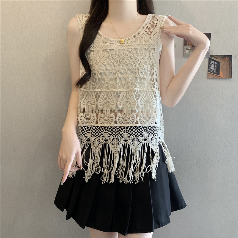 Tassels hollow sleeveless tops summer sweet retro vest
