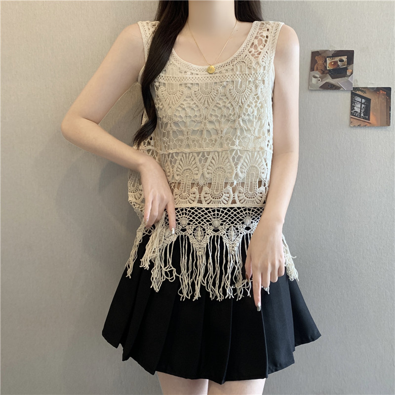 Tassels hollow sleeveless tops summer sweet retro vest
