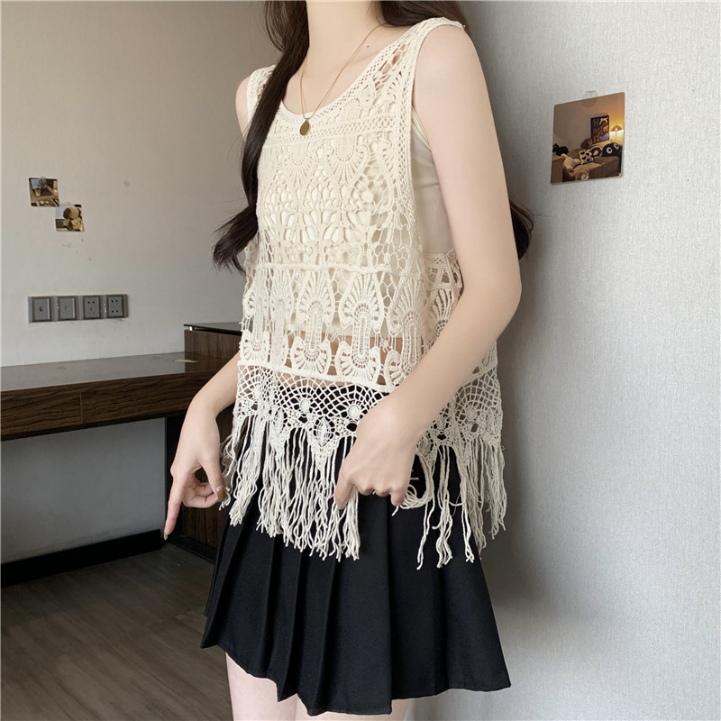 Tassels hollow sleeveless tops summer sweet retro vest