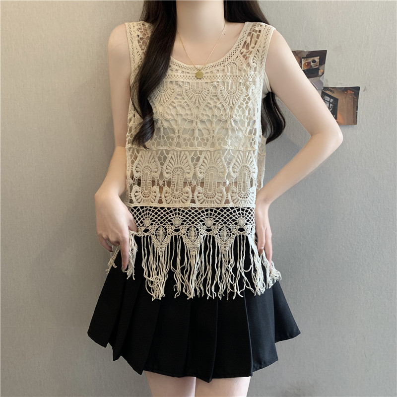 Tassels hollow sleeveless tops summer sweet retro vest