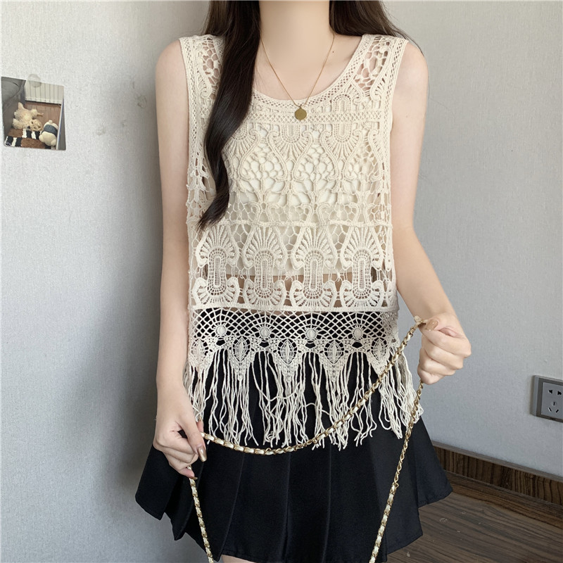 Tassels hollow sleeveless tops summer sweet retro vest