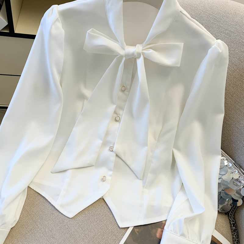 Spring white Korean style shirt short slim chiffon shirt