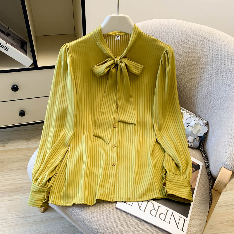 Satin green shirt niche bow tops for women