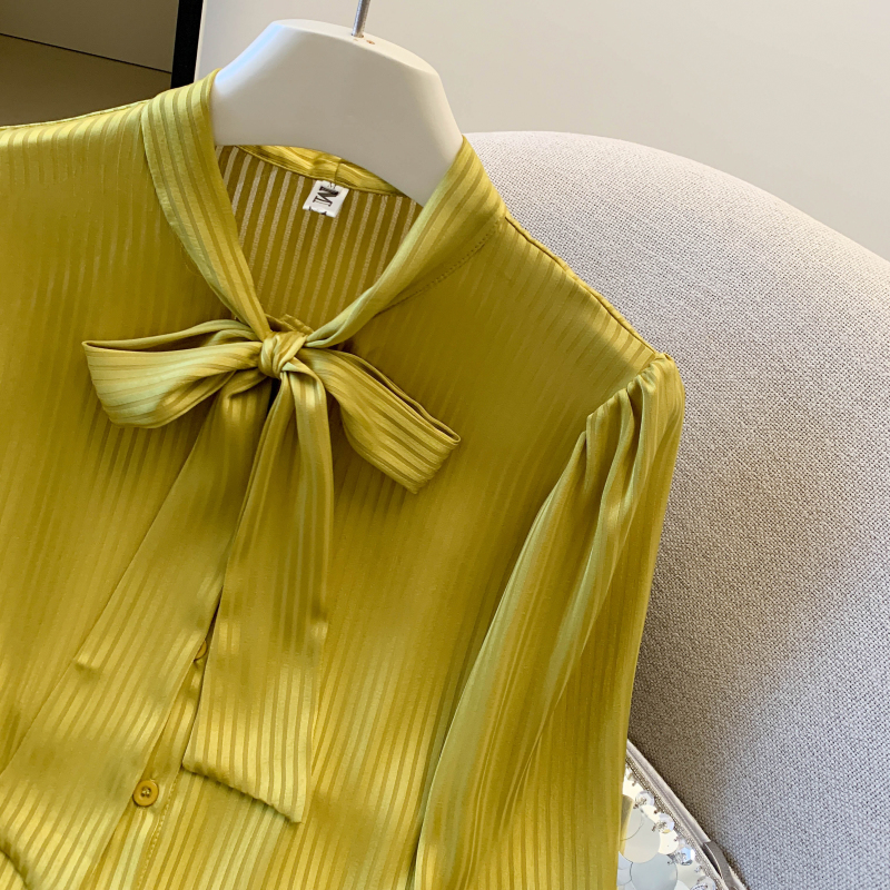 Satin green shirt niche bow tops for women
