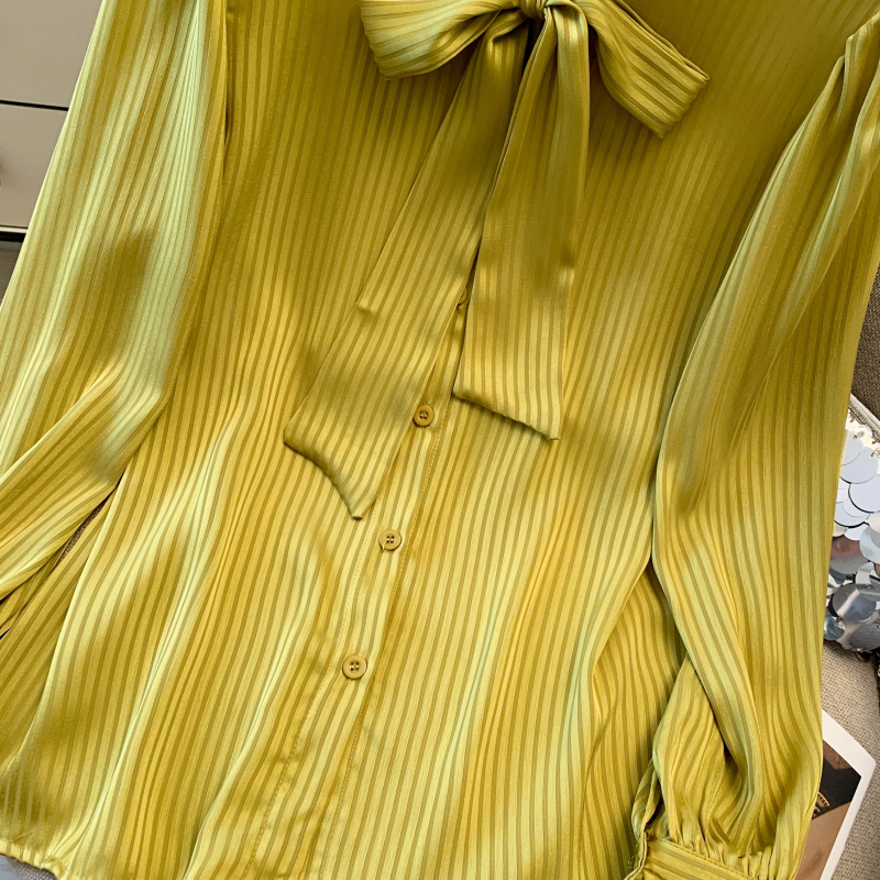 Satin green shirt niche bow tops for women