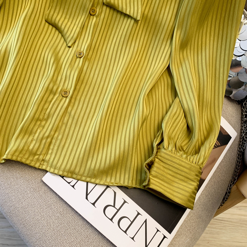 Satin green shirt niche bow tops for women