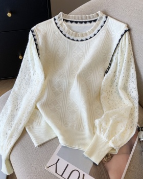 Lace sleeves wood ear splice sweater for women