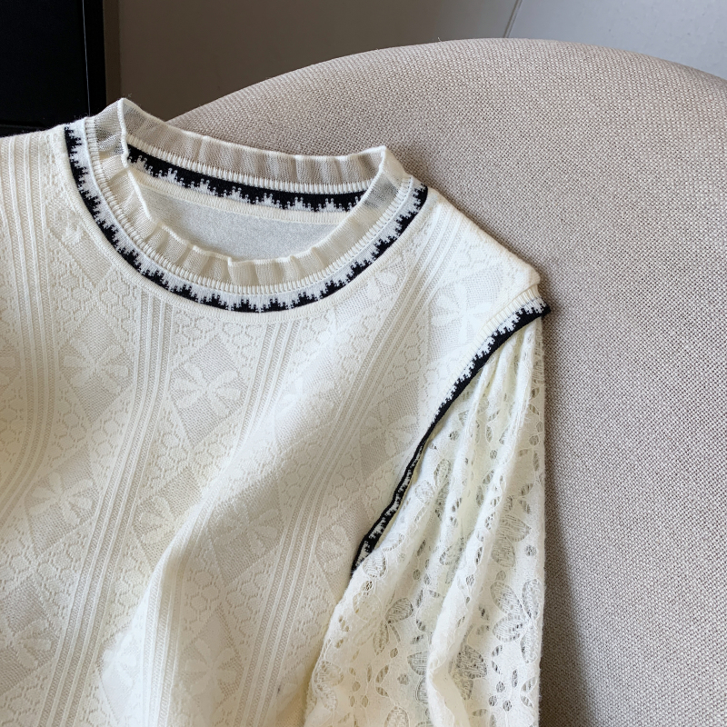 Lace sleeves wood ear splice sweater for women