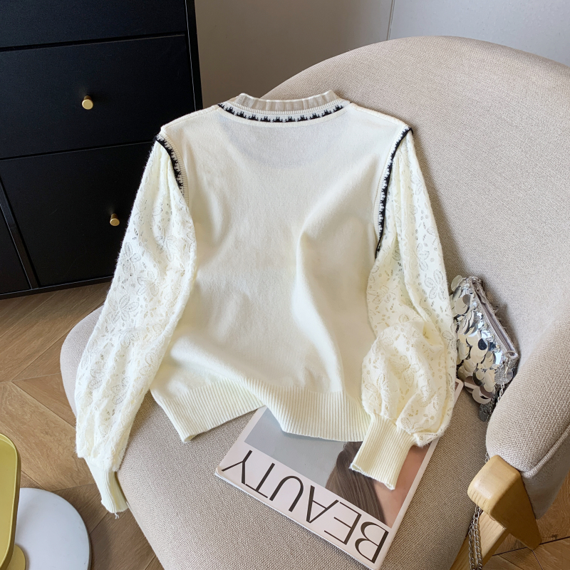 Lace sleeves wood ear splice sweater for women