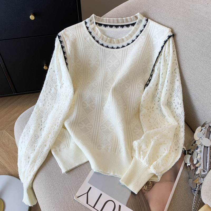 Lace sleeves wood ear splice sweater for women
