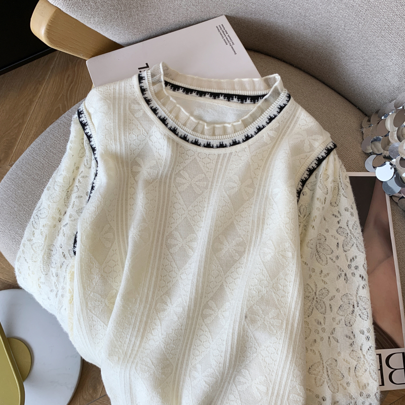 Lace sleeves wood ear splice sweater for women