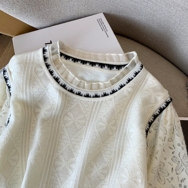 Lace sleeves wood ear splice sweater for women