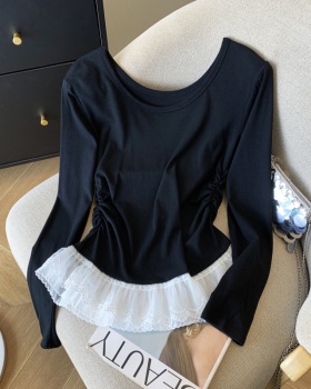 Round neck lace tops splice T-shirt for women