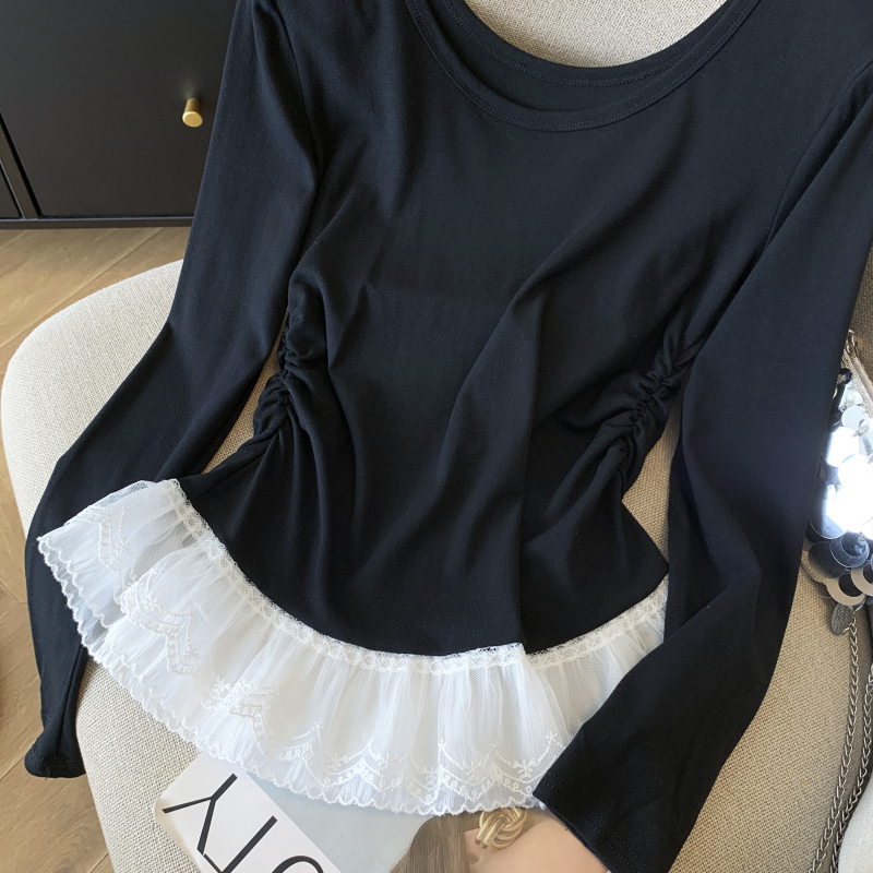 Round neck lace tops splice T-shirt for women