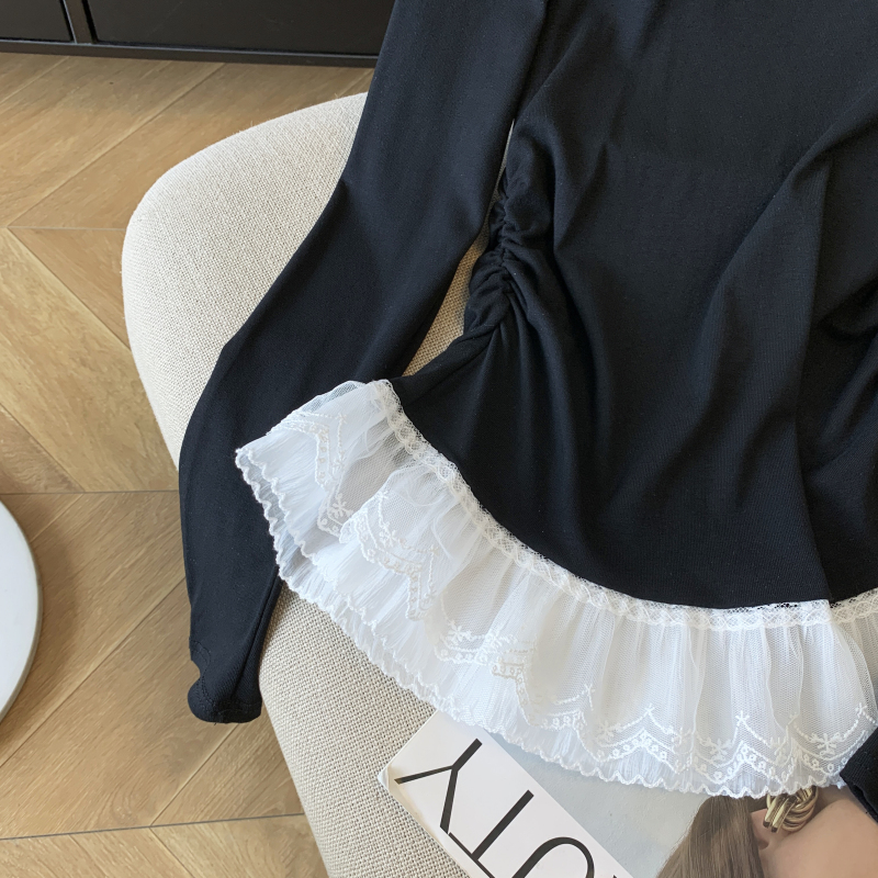 Round neck lace tops splice T-shirt for women