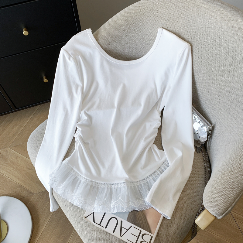 Round neck lace tops splice T-shirt for women