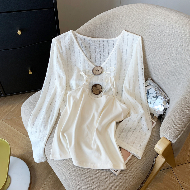 Western style niche smock big buckle sweet T-shirt 2pcs set