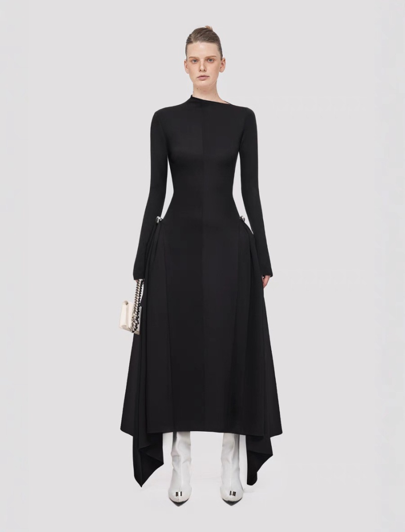 Asymmetry long dress pinched waist dress