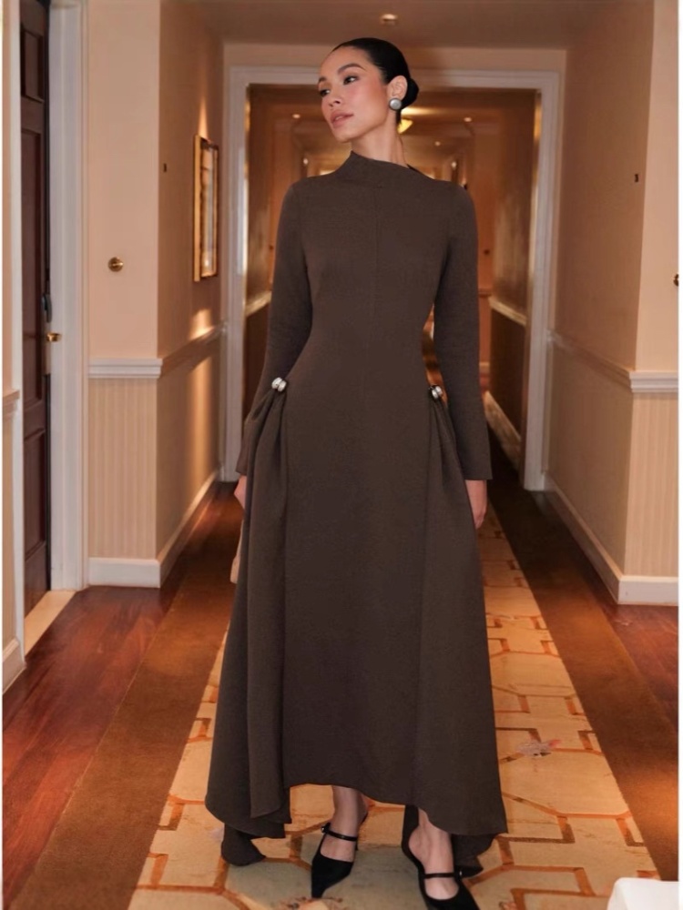 Asymmetry long dress pinched waist dress