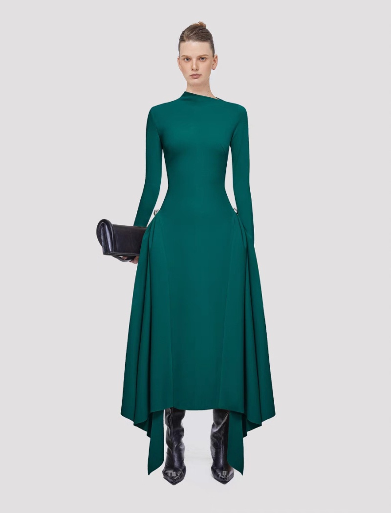 Asymmetry long dress pinched waist dress