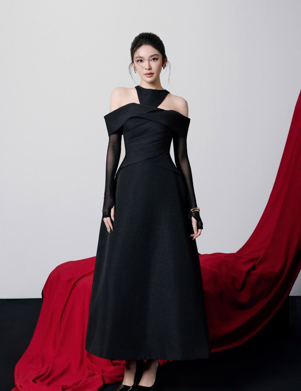 Elegant niche big skirt formal dress ladies black long dress