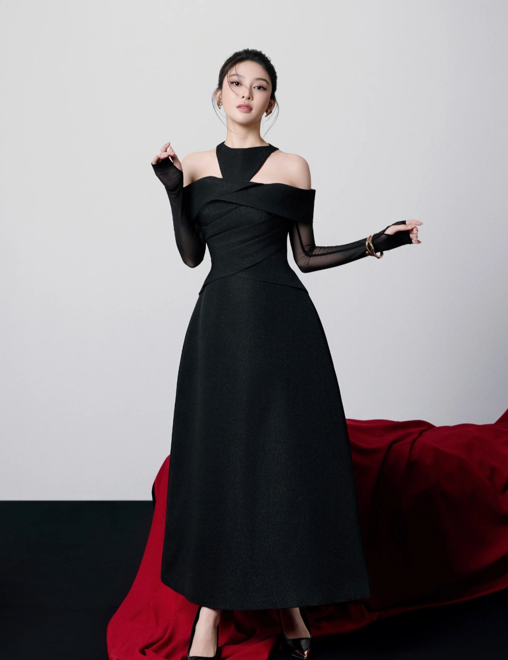 Elegant niche big skirt formal dress ladies black long dress