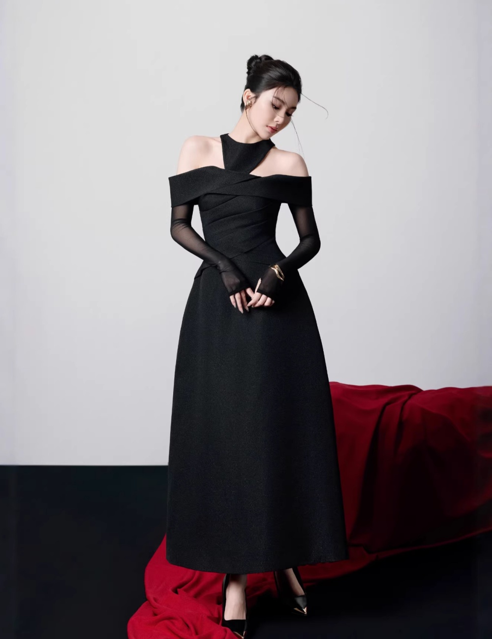Elegant niche big skirt formal dress ladies black long dress