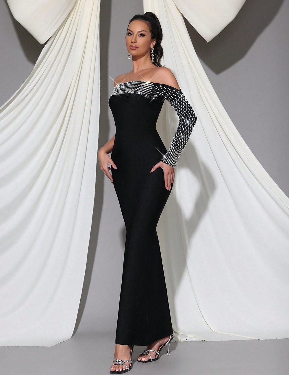 Bandage long dress long sleeve evening dress for women