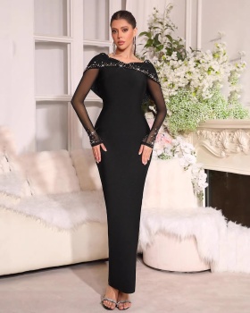 Rhinestone elasticity dress V-neck gauze long dress