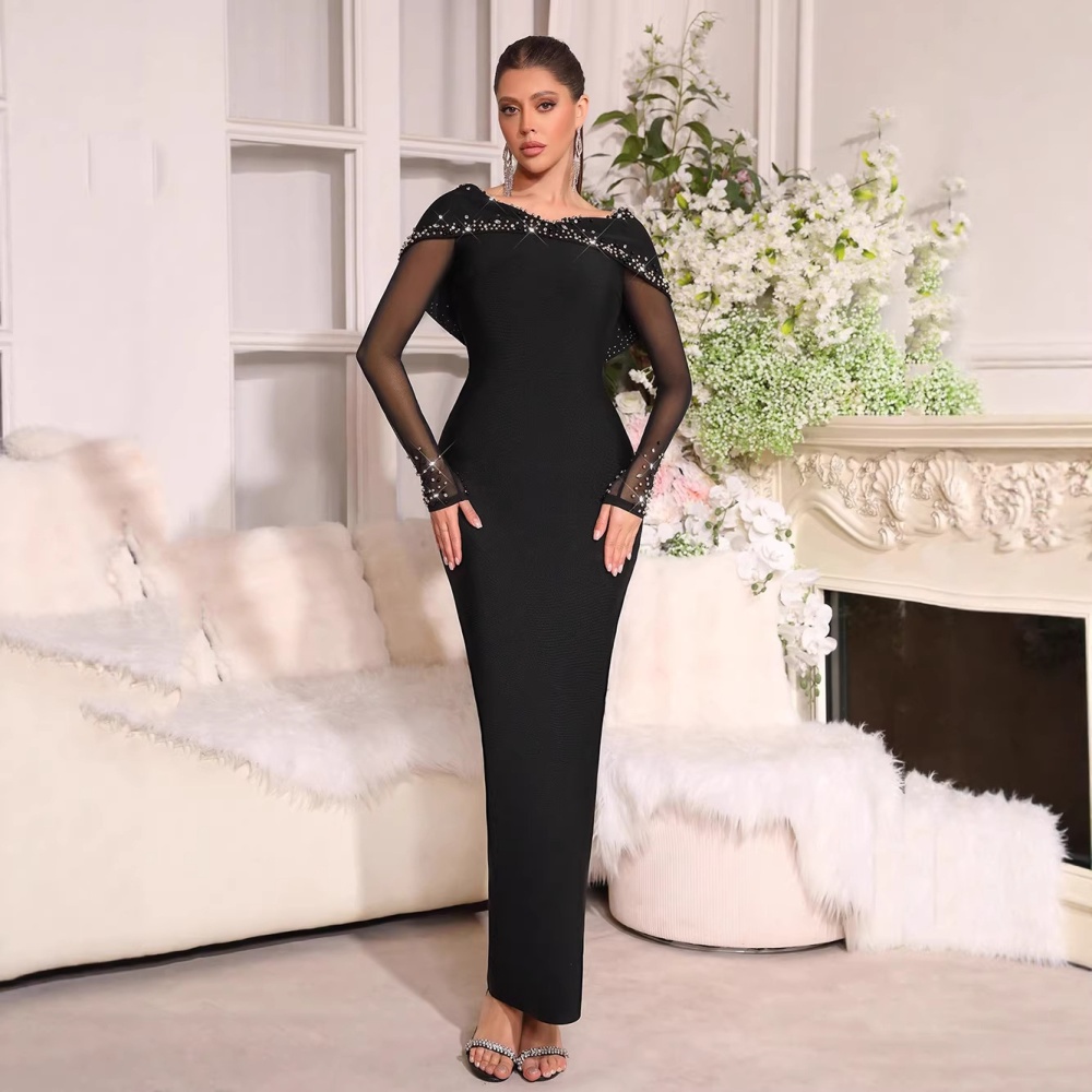 Rhinestone elasticity dress V-neck gauze long dress