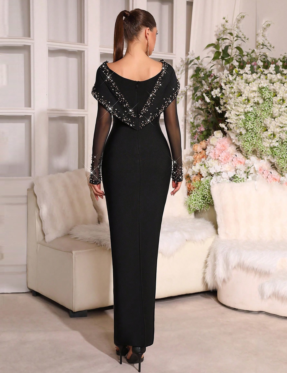 Rhinestone elasticity dress V-neck gauze long dress