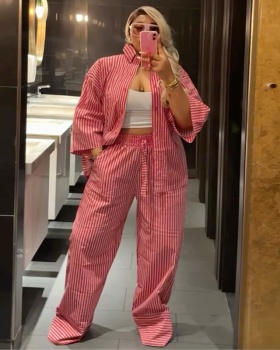 Stripe high waist long pants Casual shirt a set
